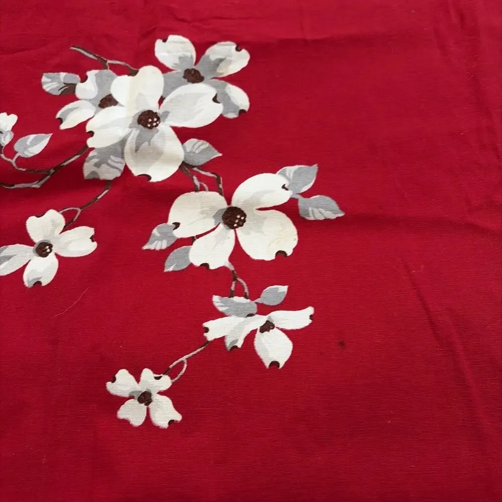 MID Century Vintage Wilendur Tablecloth Red W/ White Dogwood Flowers 53” X 65”
